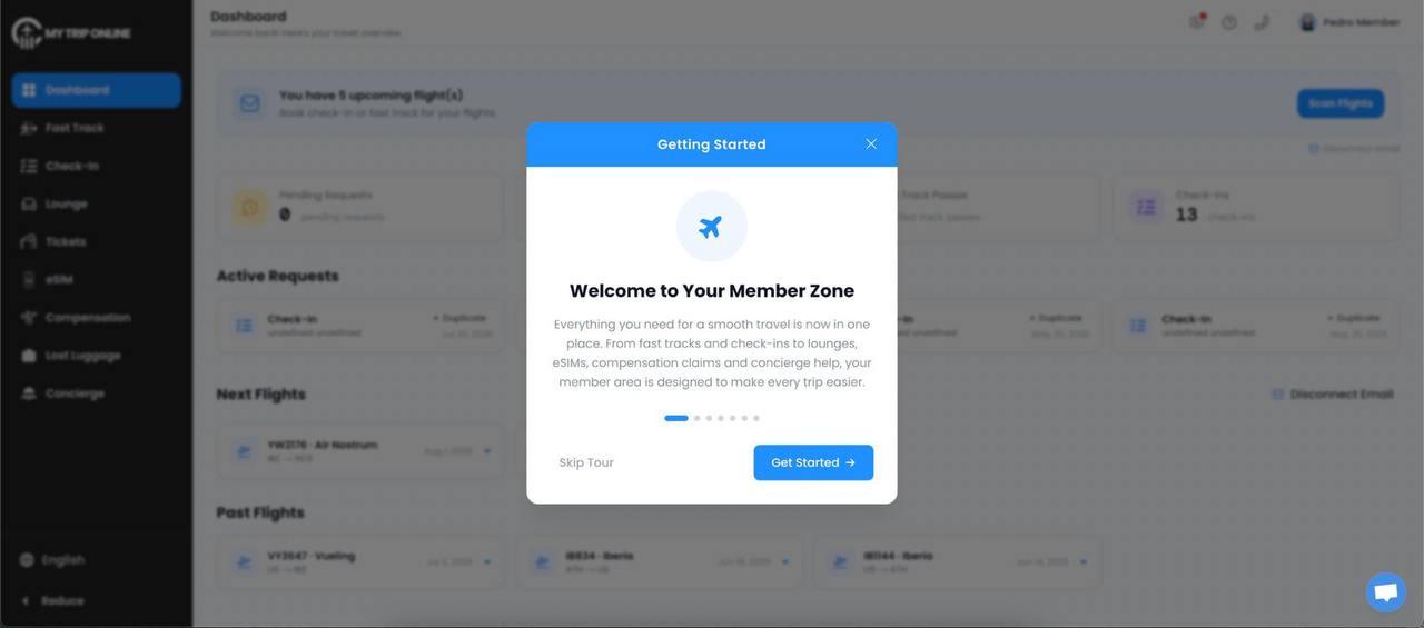 My Trip Online member zone dashboard and onboarding walkthrough